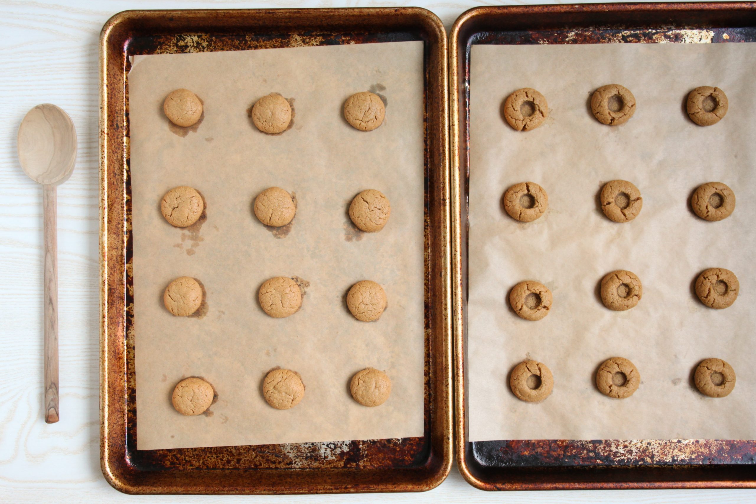 Adding the thumbprint indentation to peanut butter cookies