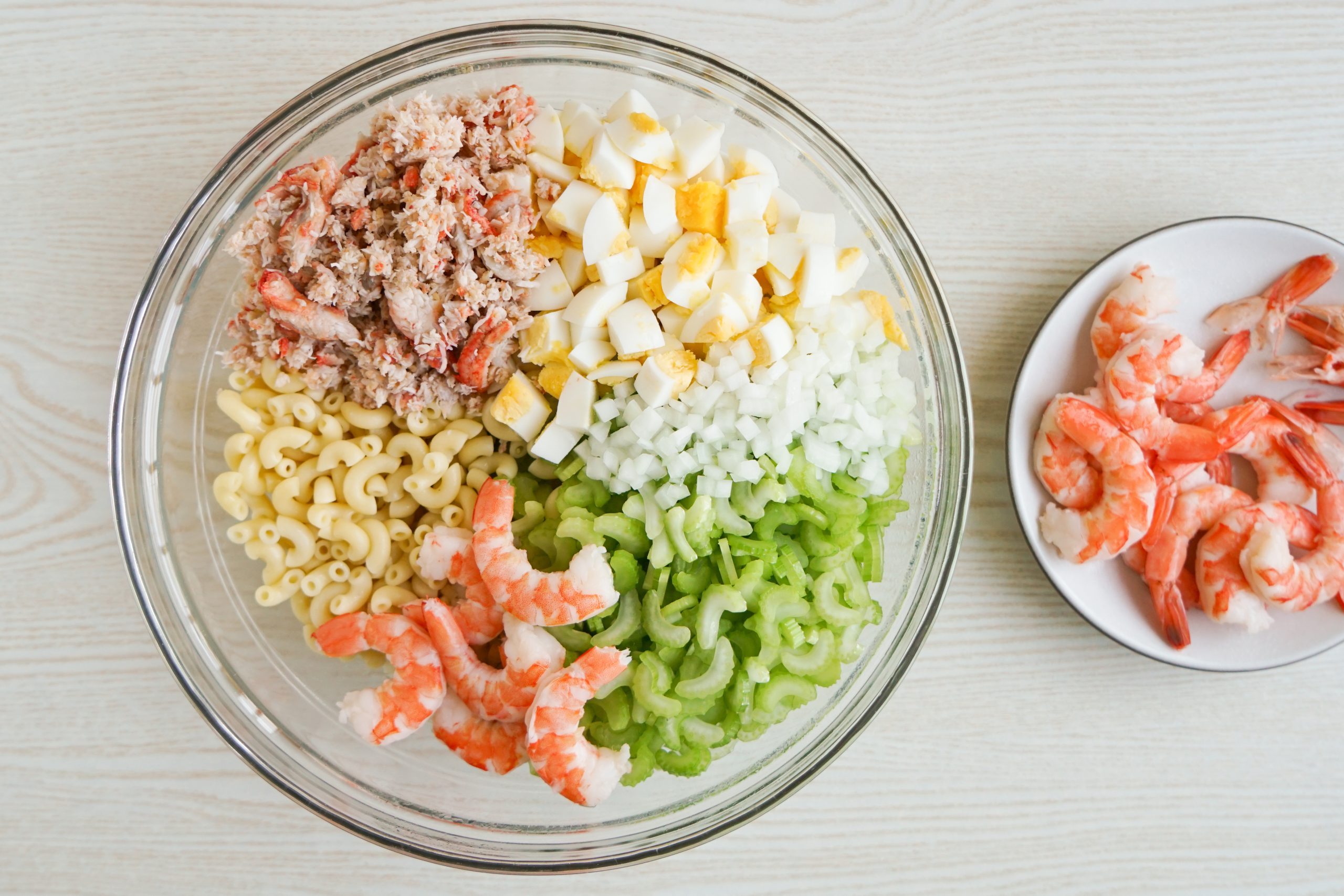 Prepping shrimp for seafood pasta salad