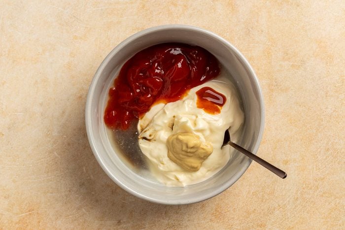 Taste of Home Shrimp Louie recipe photo of sauce preparation.