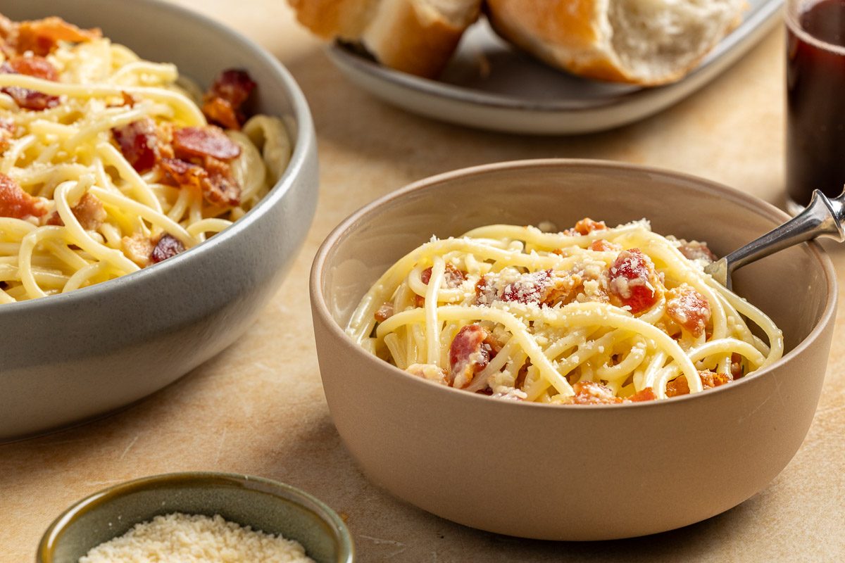 Taste of Home Skillet Pasta with Bacon and Egg recipe photo of the finished recipe served in a serving bowl.