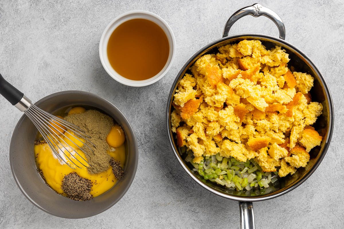 Taste of Home Southern Dressing recipe photo of combining all the dressing ingredients to the skillet.