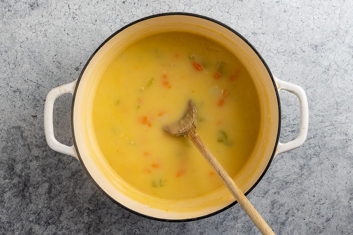 Taste of Home Turkey and Wild Rice recipe photo of flour and chicken broth added to the dutch oven.