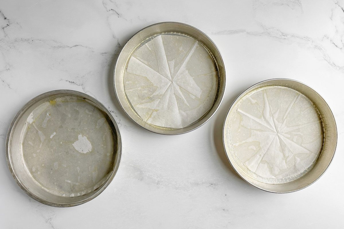 Lined cake pans for Taste of Home Amaretto Cake