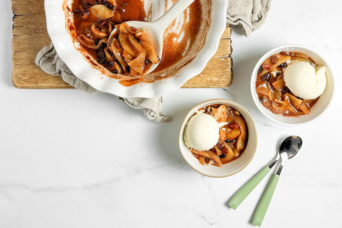 Taste of Home Baked Apple in ceramic bowls with vanilla ice cream