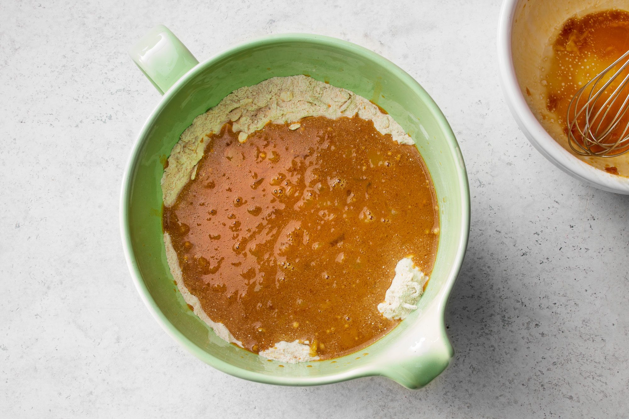 Pour into well; mix just until dry ingredients are moistened