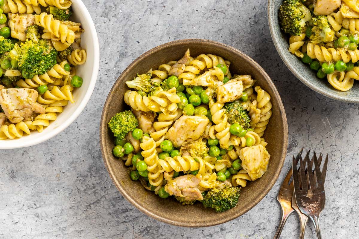 Taste of Home Chicken Pesto Pasta recipe photo of the finished recipe served in bowls.