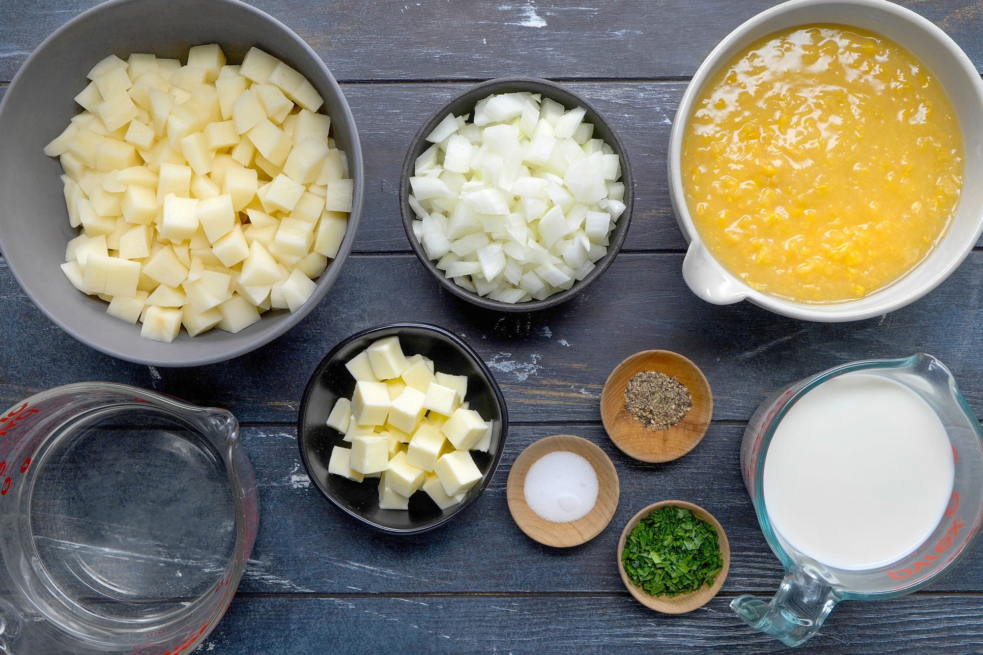 overhead shot of all ingredients for Corn Chowder