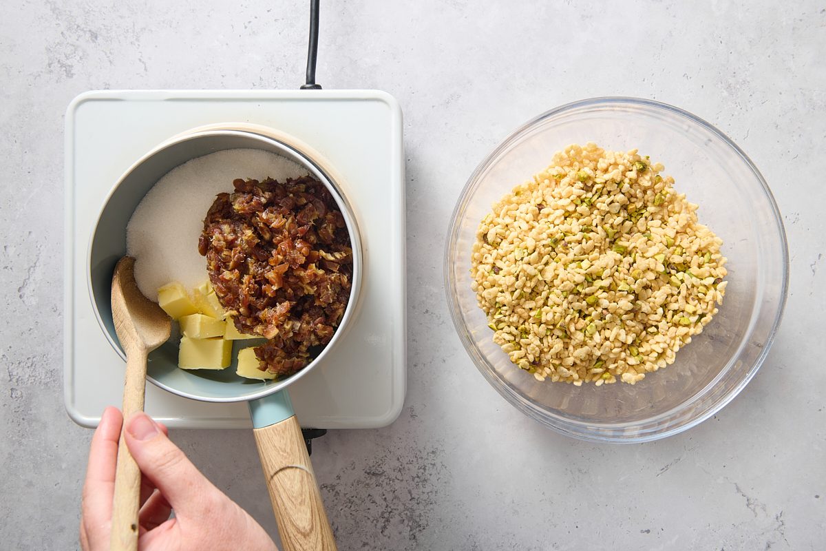 Preparing the Rice Krispies mixture