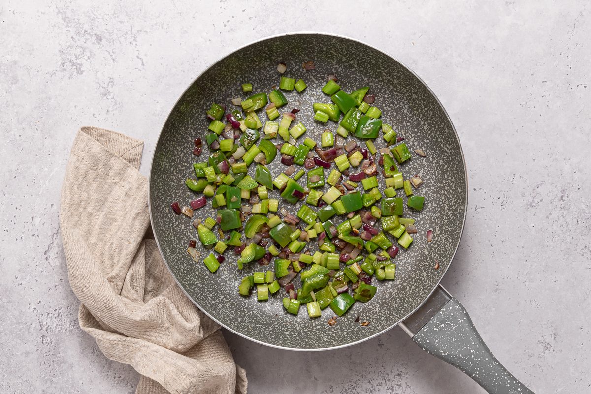 Pan With Cooked Celery, Onion And Pepper