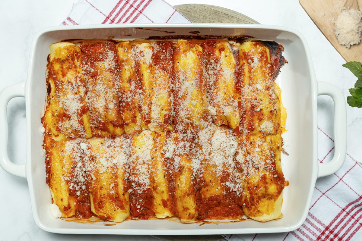 Manicotti Shells in the baking pan