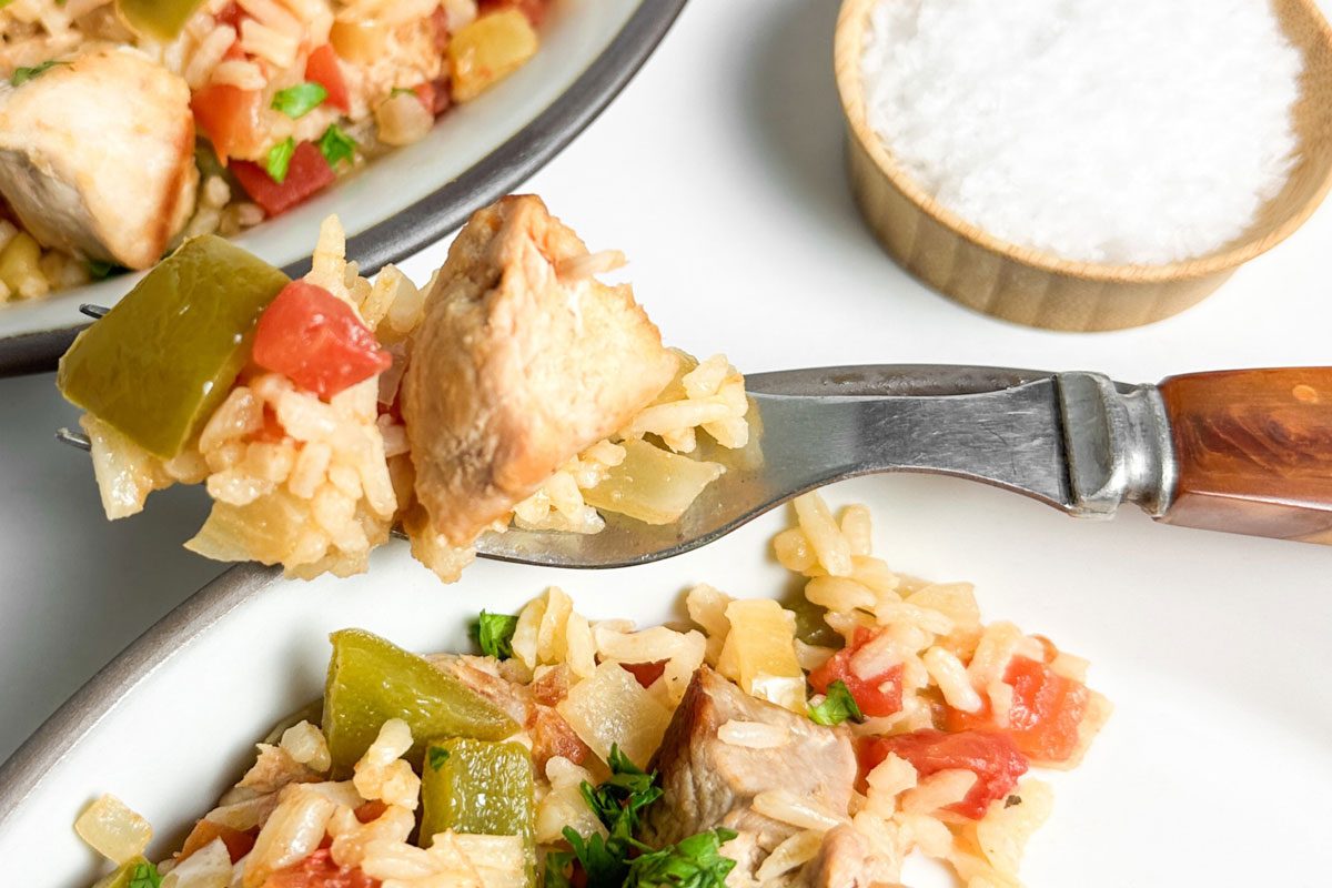 Taste of Home Pork and Rice on ceramic plates