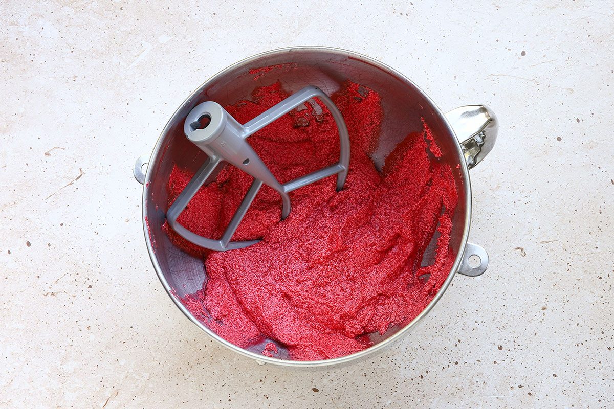 Mixing bowl with the creamed mixture for a batch of red velvet whoopie pies, a recipe from Taste of Home.