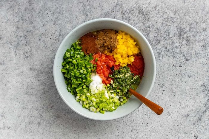 Taste of Home Roasted Salsa Recipe photo of all ingredients in a large bowl.