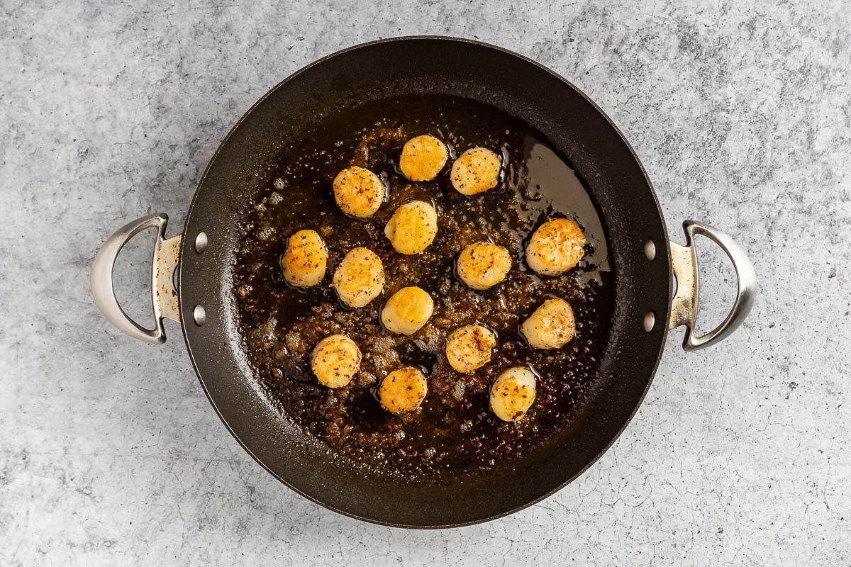 Taste of Home Scallop Salad photo of the cooked scallops in a skillet.