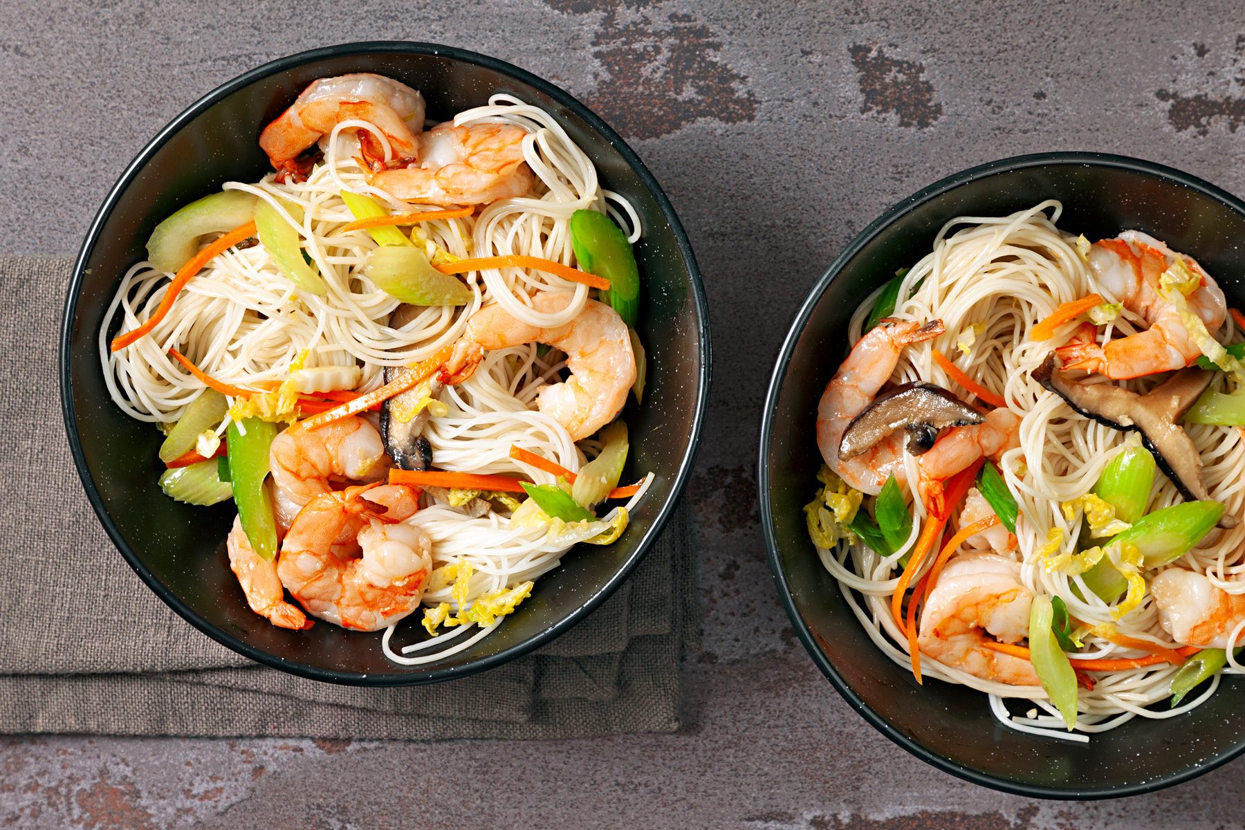 overhead shot of shrimp mei fun