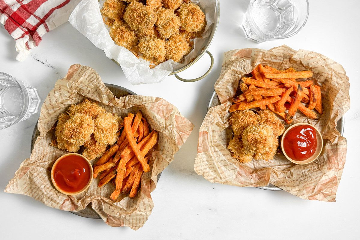 Taste of Home Spicy Chicken Nuggets with ketchup and sweet potato fries