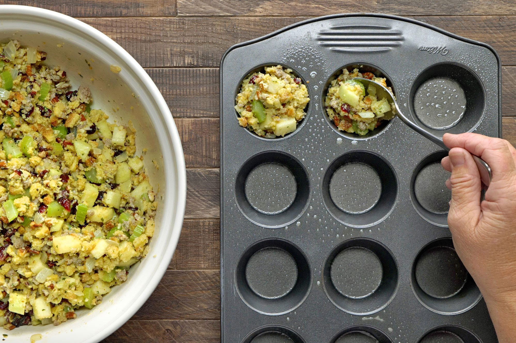 Spoon into greased muffin cups; Wooden Background;