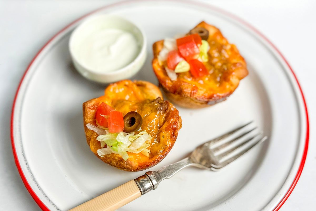 Taste Of Home Taco Cups On An Enamel Plate On A Marble Surface
