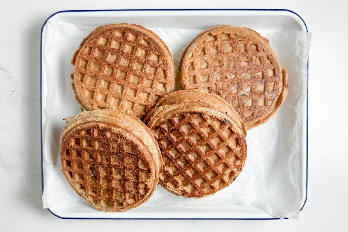 Taste of Home Waffle Sandwich in an enamel tray