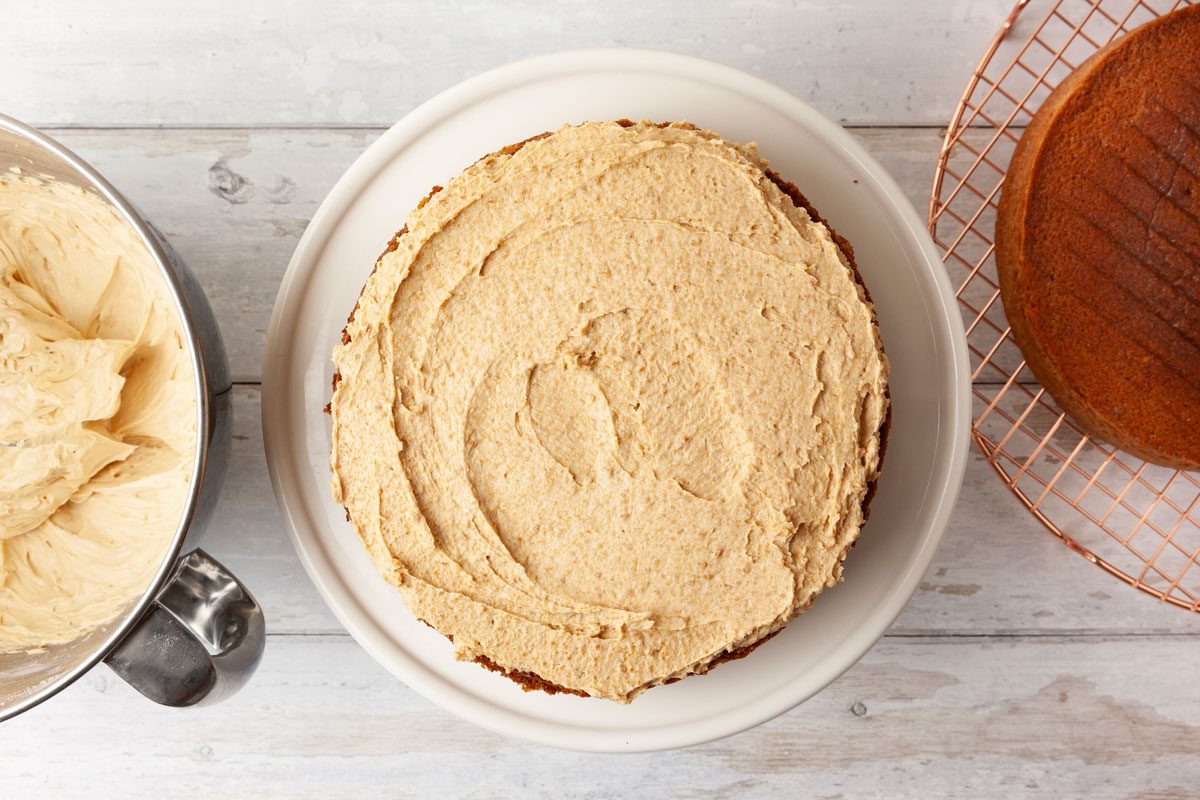 Step 6 of Taste of Home Biscoff Cake is to assemble the cake
