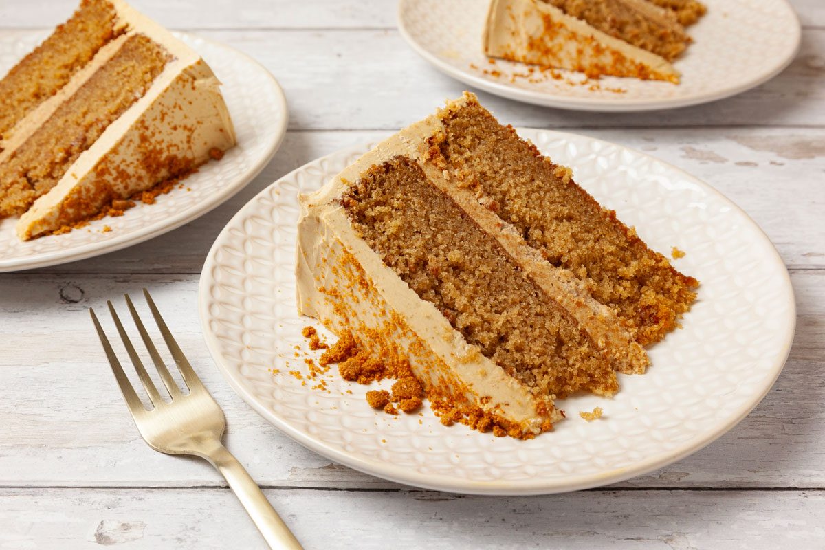 Close up of three slices of Taste of Home Biscoff Cake
