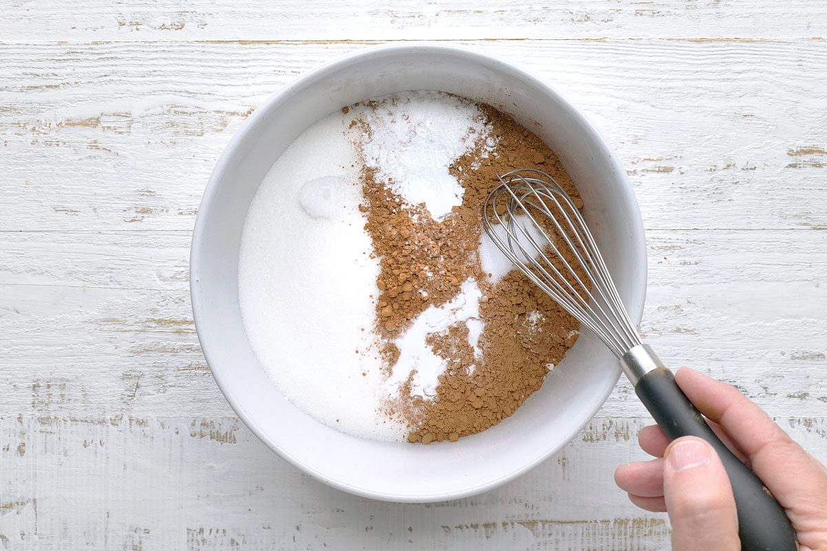 Whisk Flour, Sugar, Cocoa, Baking Powder, Baking Soda And Salt;