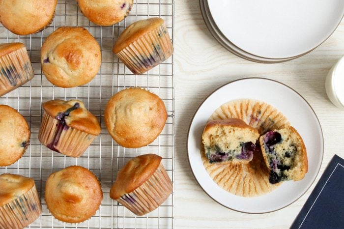 Blueberry Buttermilk Muffins split and ready to eat