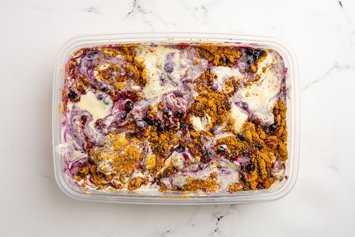Blueberry Cheesecake Ice Cream in freezer container