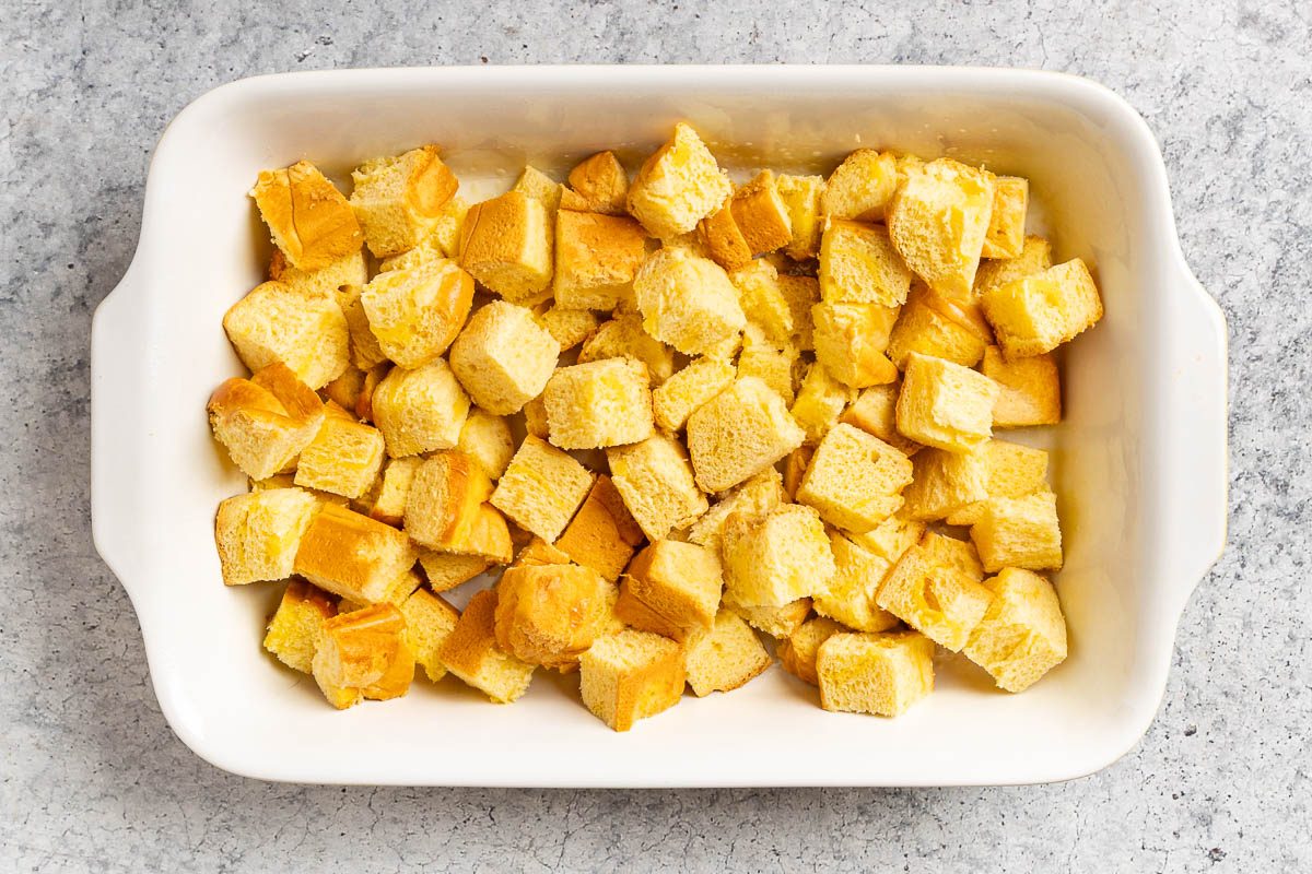 Taste of Home Brioche French Toast Casserole photo of the cubed brioche in a 13 x 9 baking dish.