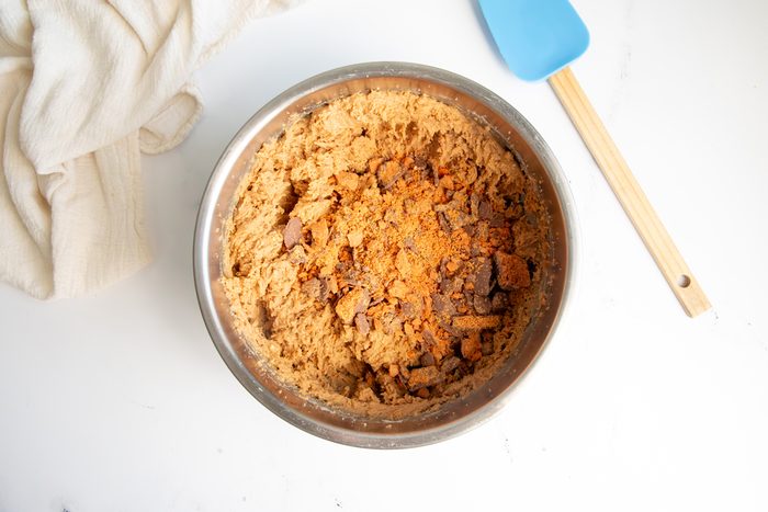 Overhead shot for Taste of Home Butterfinger Cookies with ingredients in a large bowl before being baked.