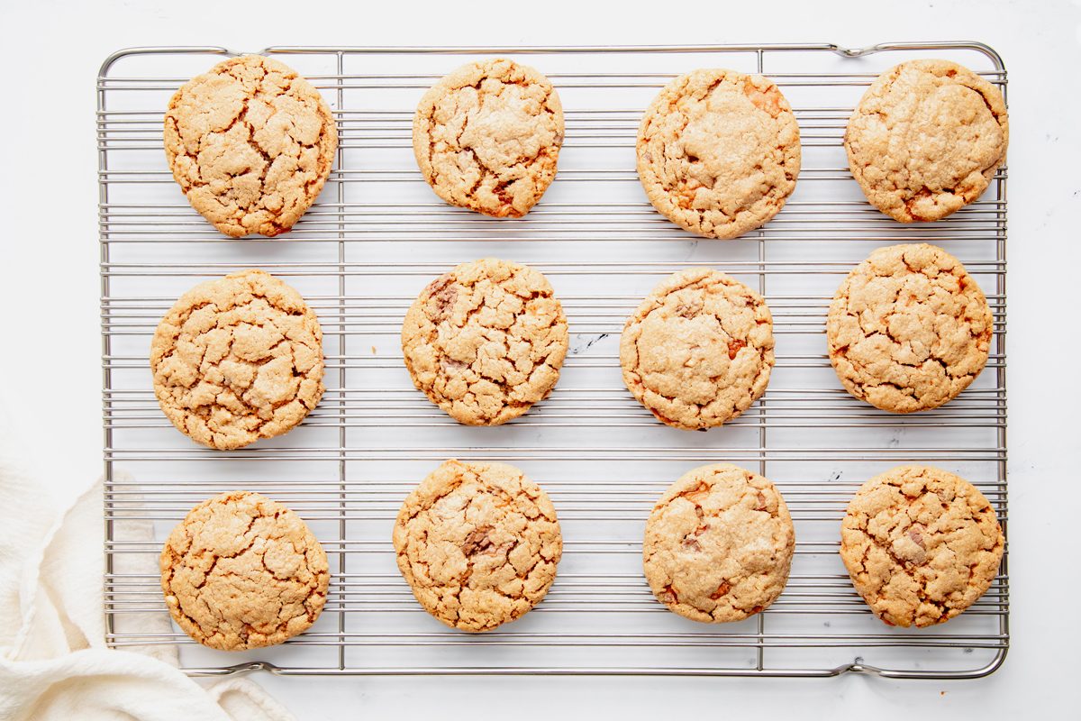 Overhead shot for Taste of Home Butterfinger Cookies, cooling on a wire rack.