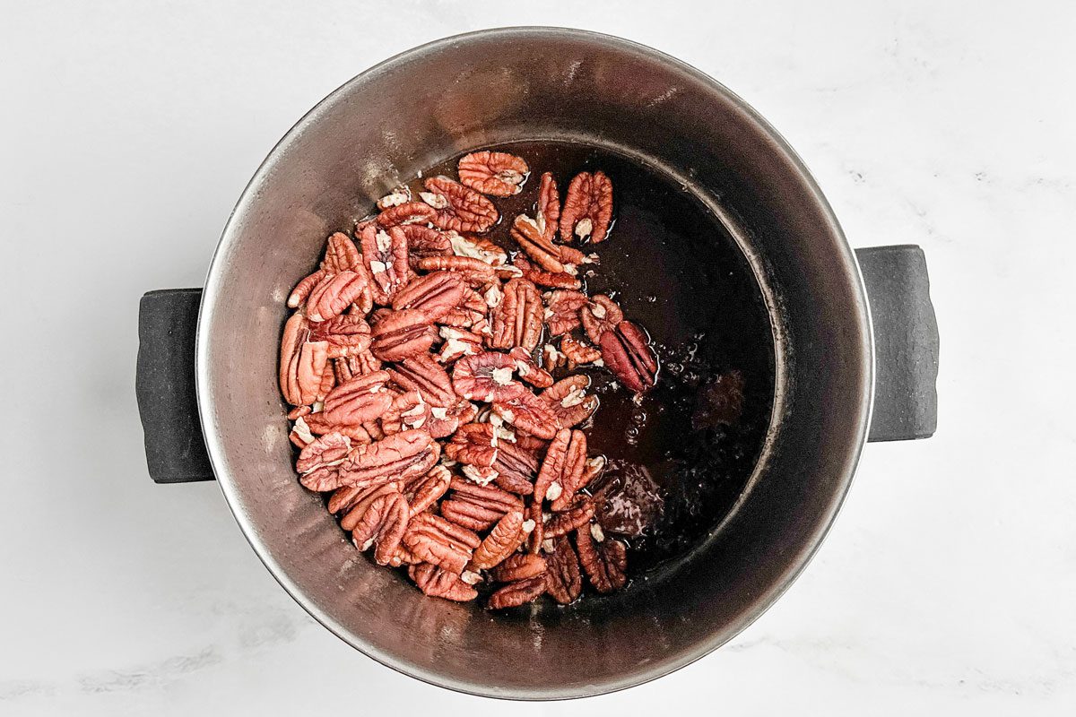 Taste of Home Candied Pecans in a saucepan