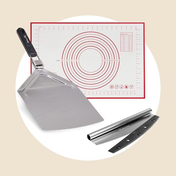 Checkered Chef Pizza Cutter, Pizza Peel And Dough Mat Set