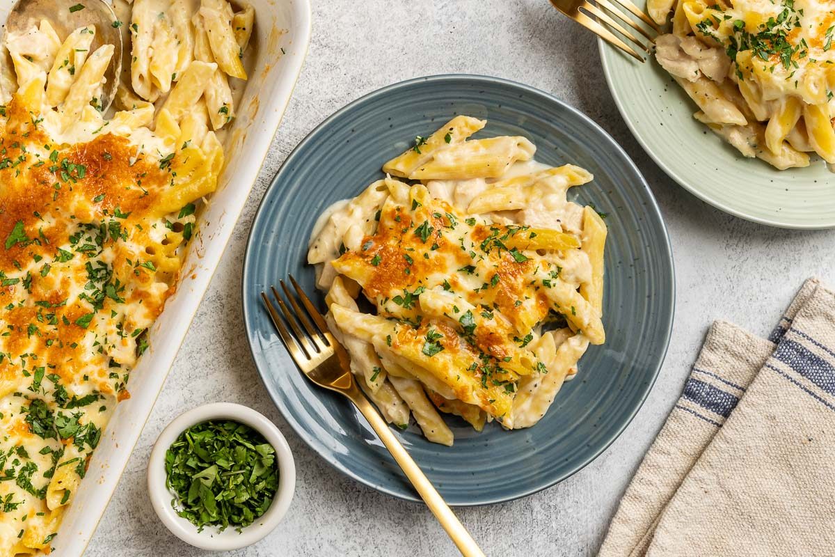 Taste of Home Chicken Alfredo Casserole photo of the finished recipe.