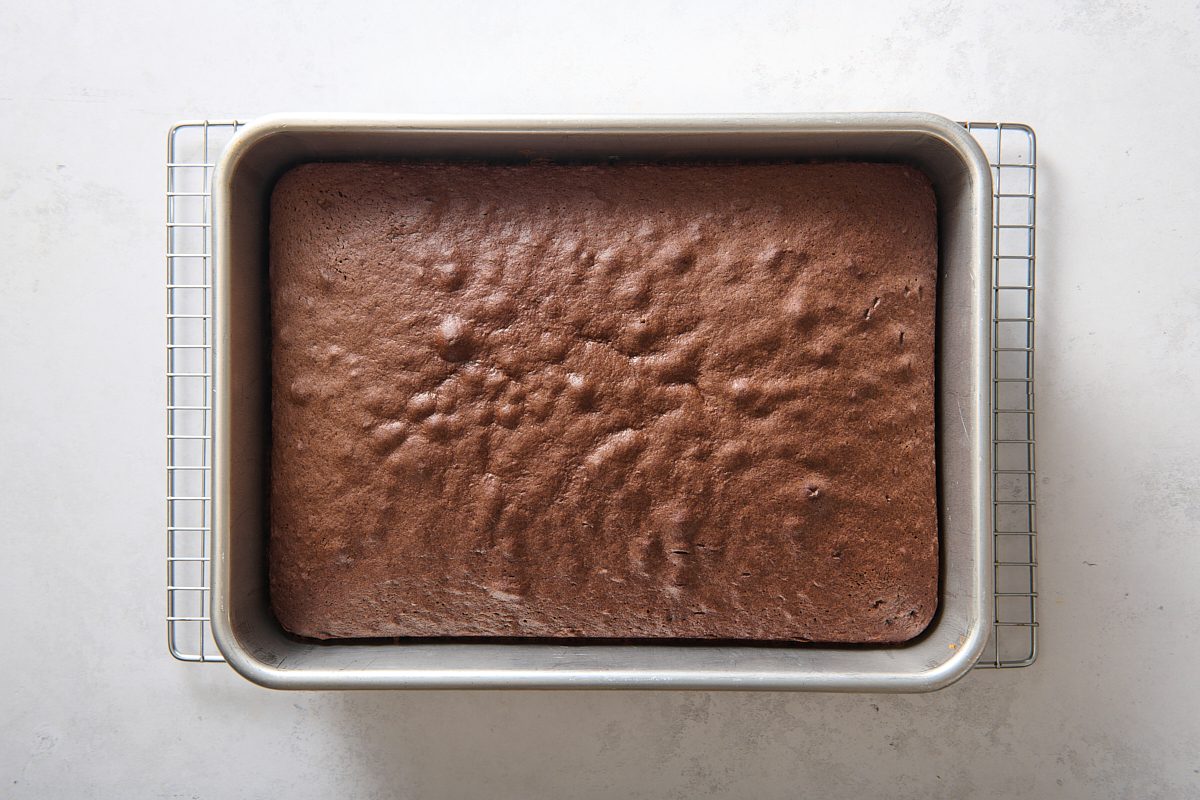 Baked chocolate cake cooling on a rack