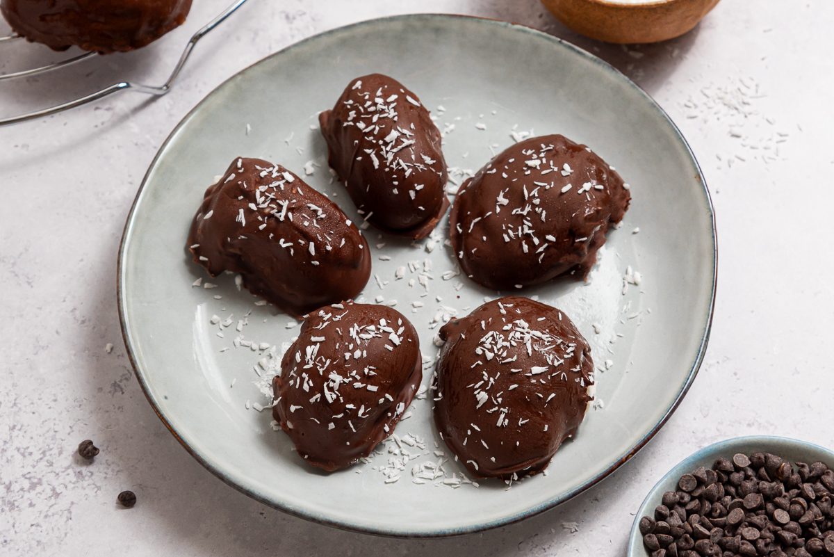 Frozen Cream Cheese Coconut Eggs Dipped In Melted Chocolate