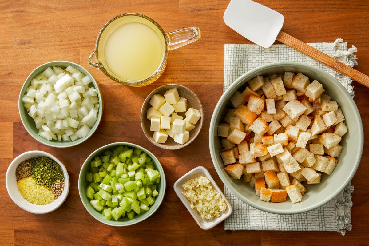 Ingredient Shot Of Copycat Stove Top Stuffing Placed Over Wooden Background