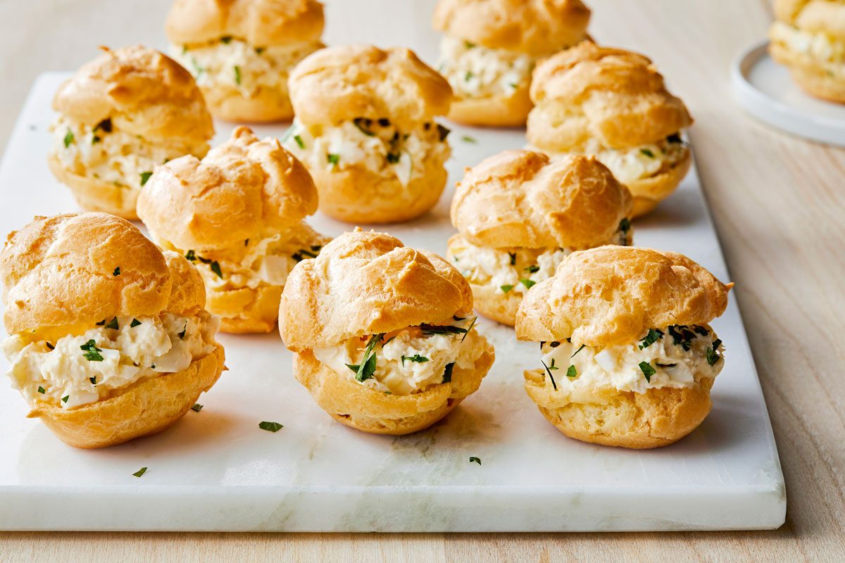 crab puffs on a marble serving platter