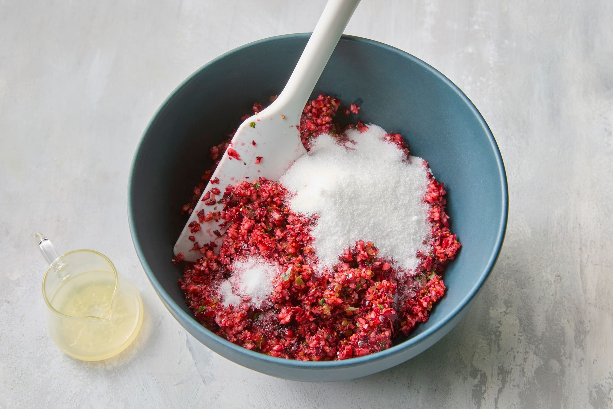 Transfer mixture to a bowl; add sugar, lemon juice and salt.