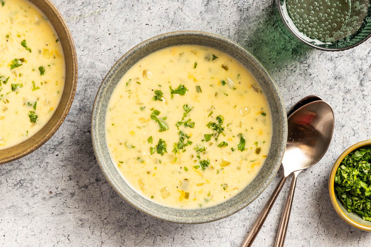 Taste of Home Cream of Jalapeno Soup photo of the finished recipe served in bowls.