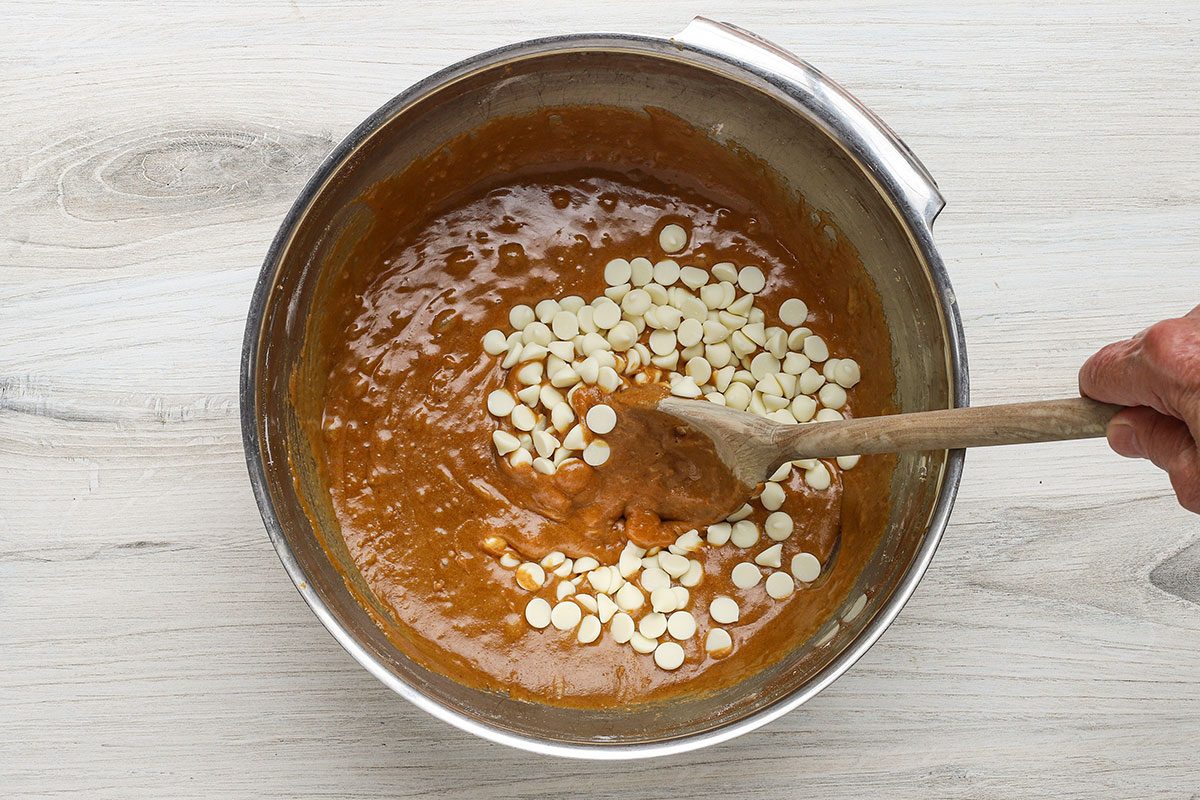 Finishing the batter for the gingerbread blondies, with optional white chocolate chips.