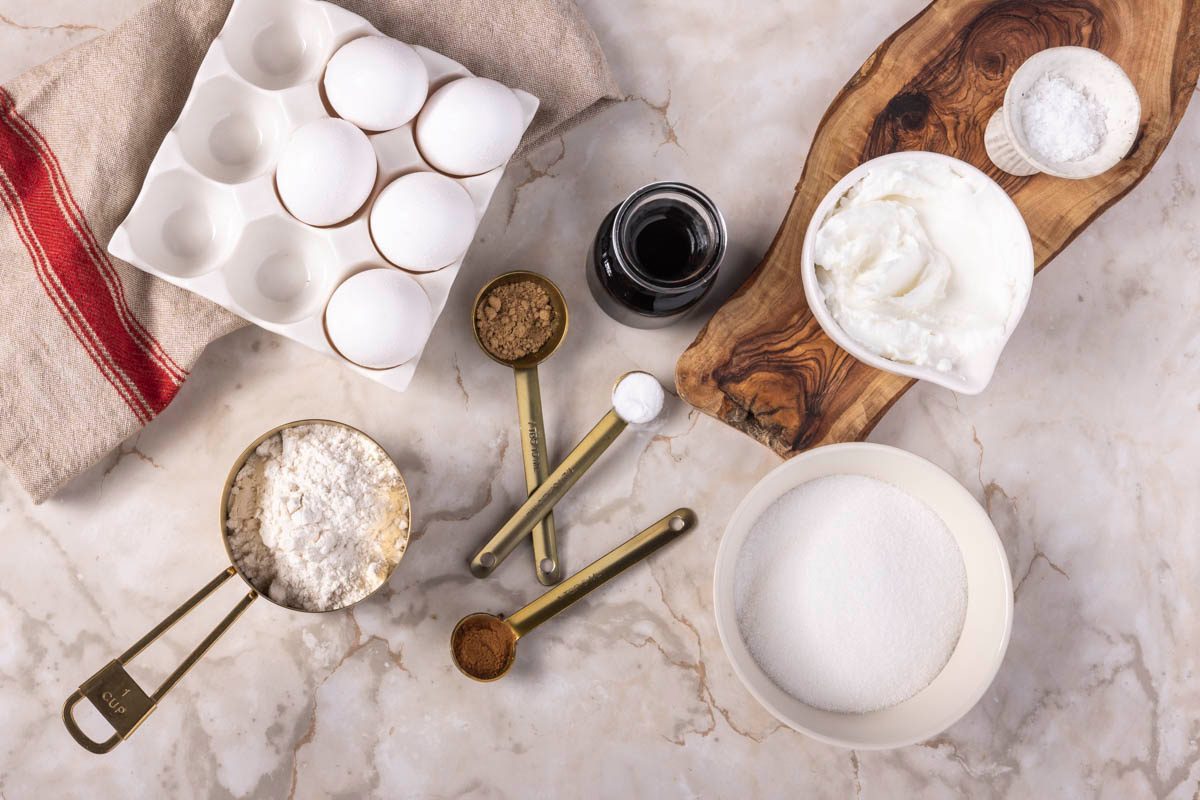 ingredients for Gingersnap Cookies overhead on marble