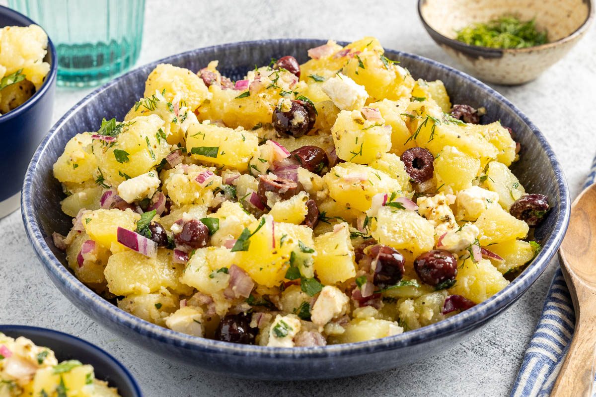Greek Potato Salad in a serving bowl