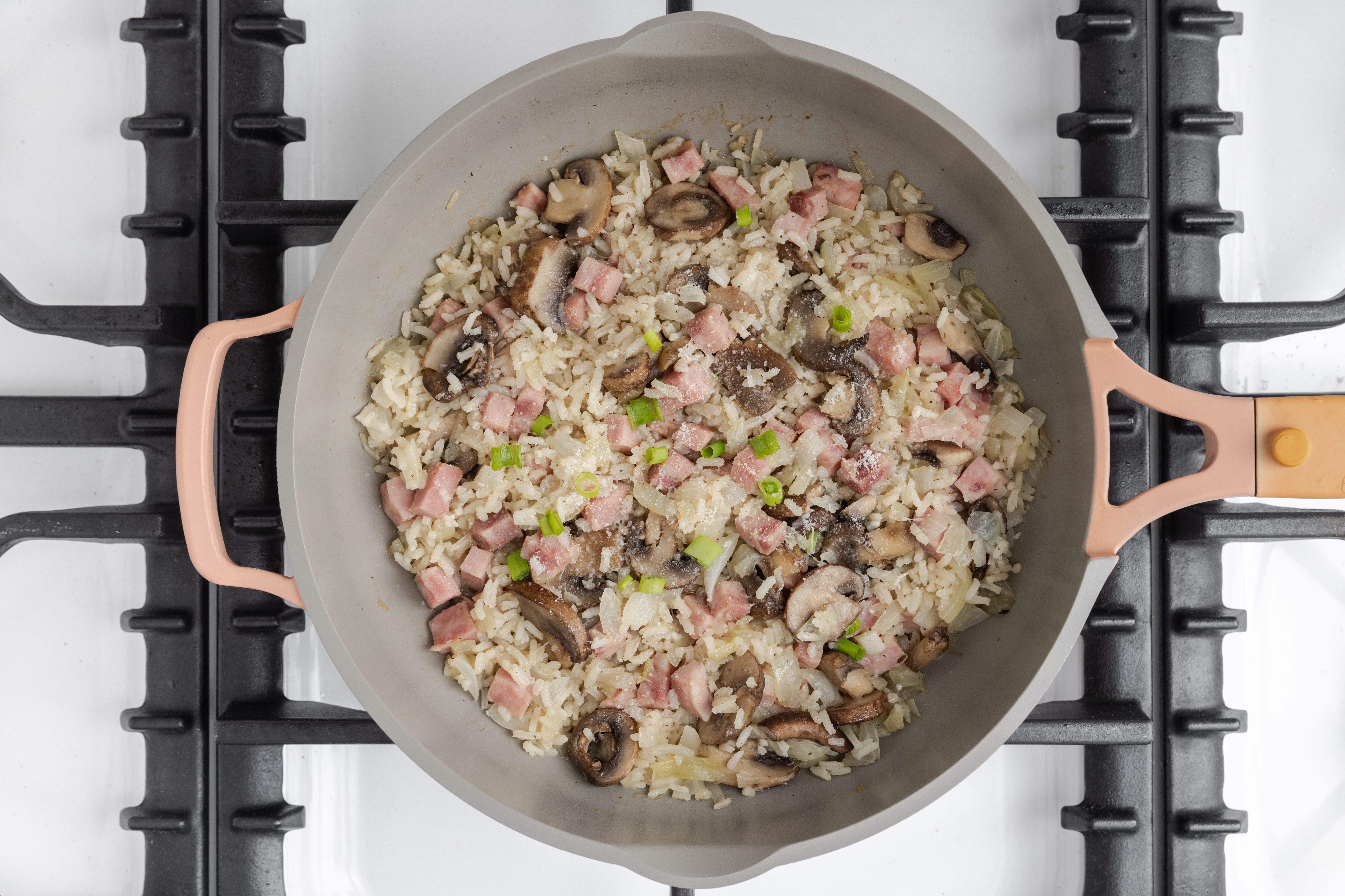 Rice cooked with ham and vegetables, ready to serve.
