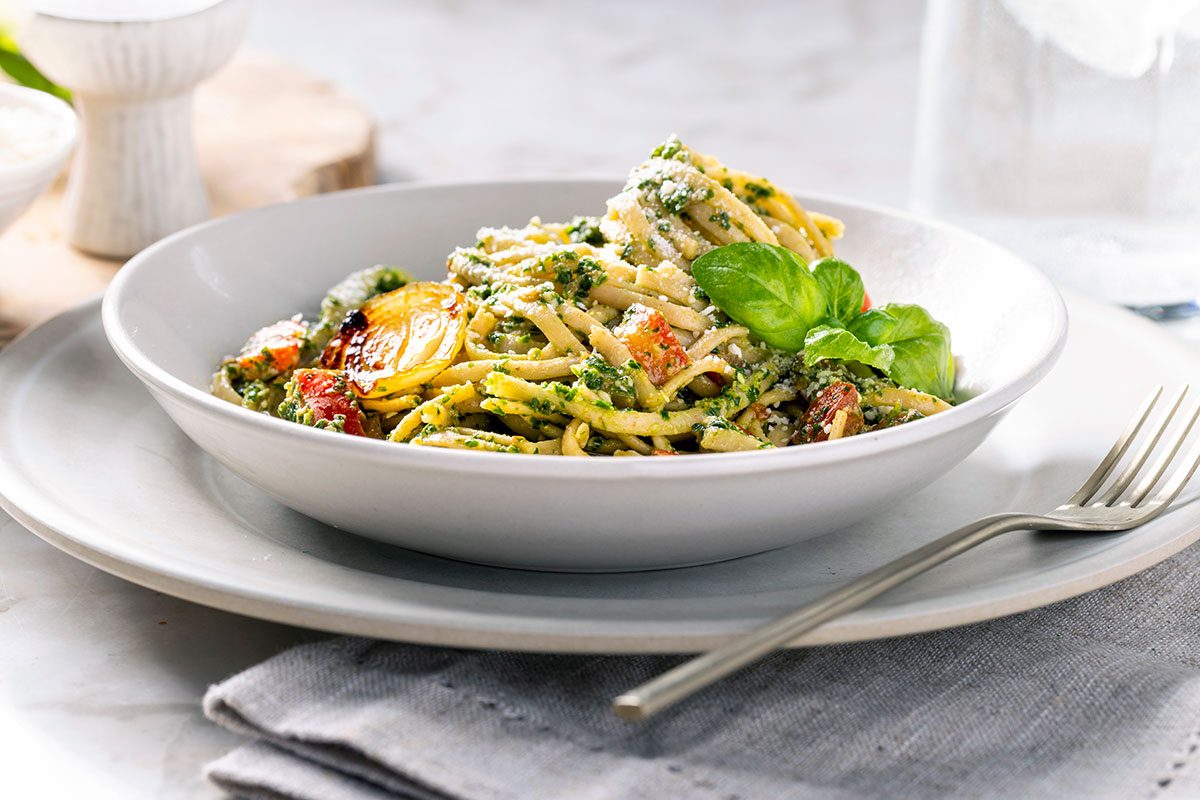 Kale Pesto Pasta served in a bowl