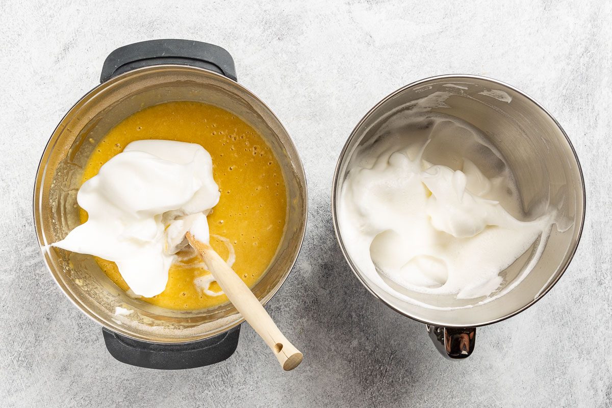 folding whipped egg whites into the batter.