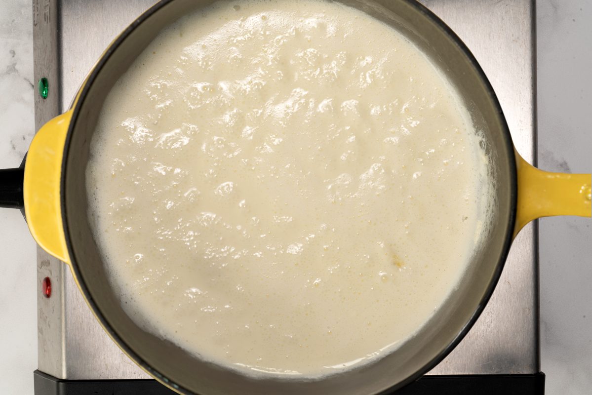 Heating the creme for the Lemon Creme Brulée