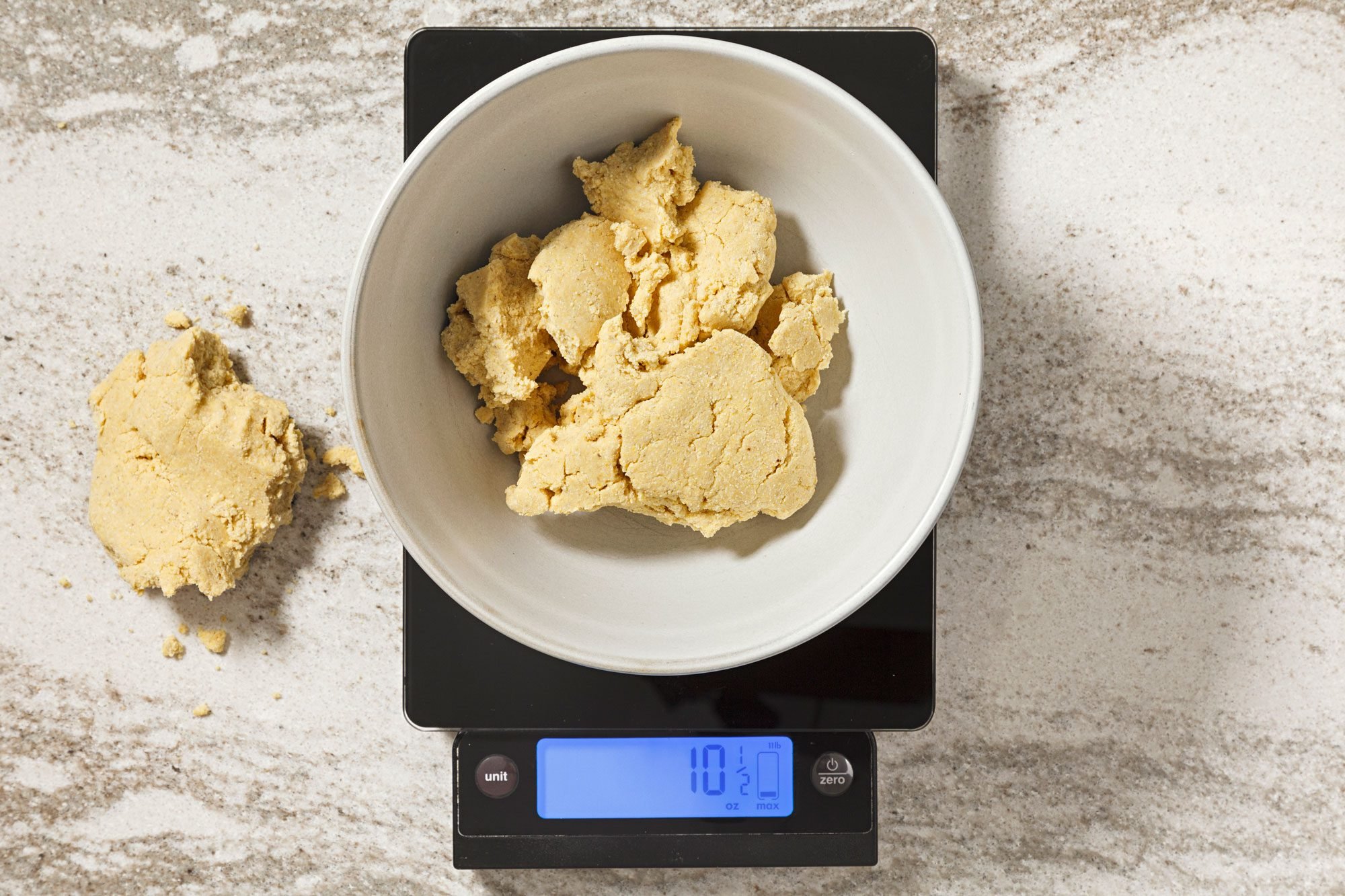 Weigh out 10-1/2 ounces masa mixture
