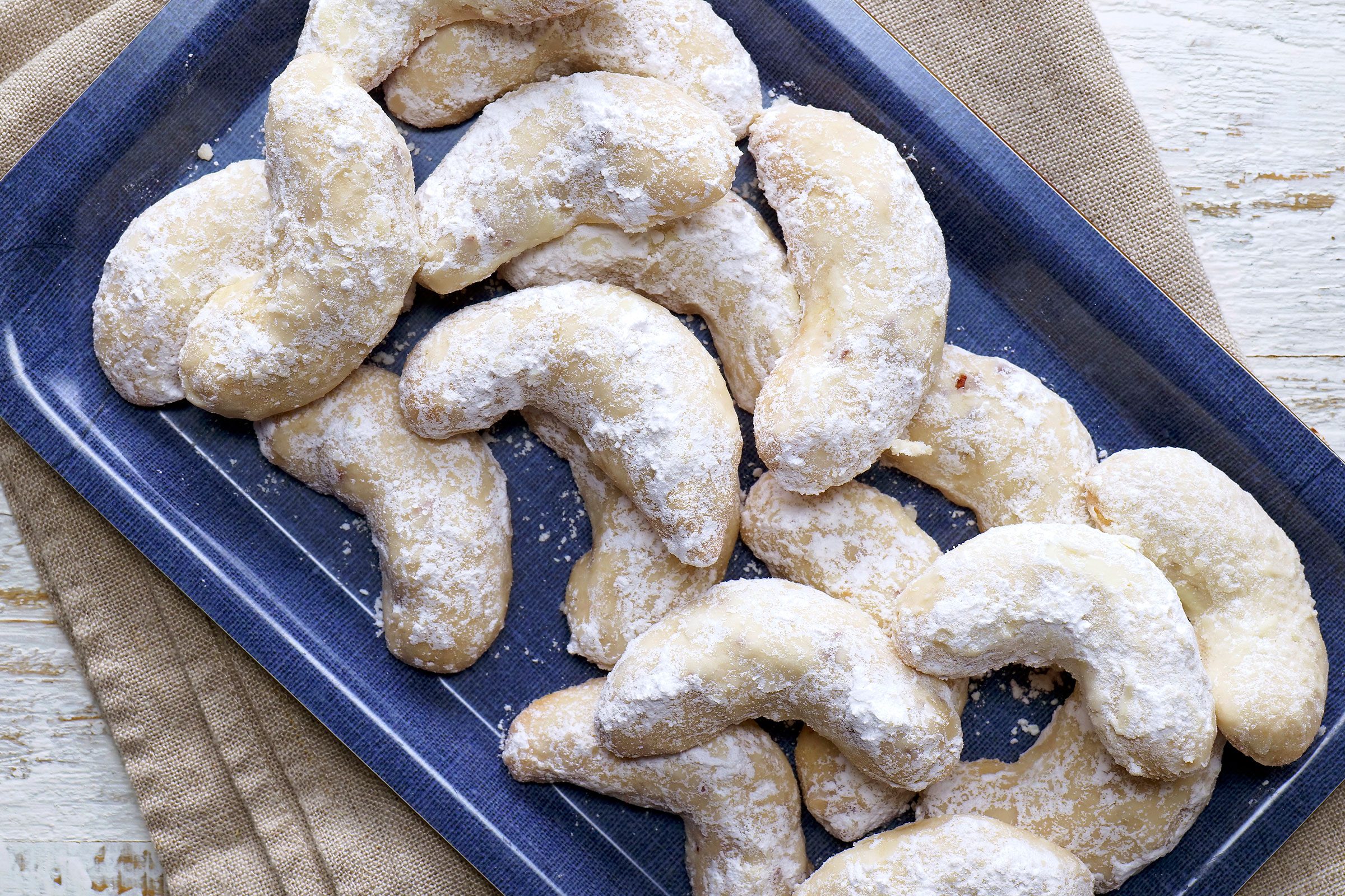 Mexican Wedding Cookies in a blue tray