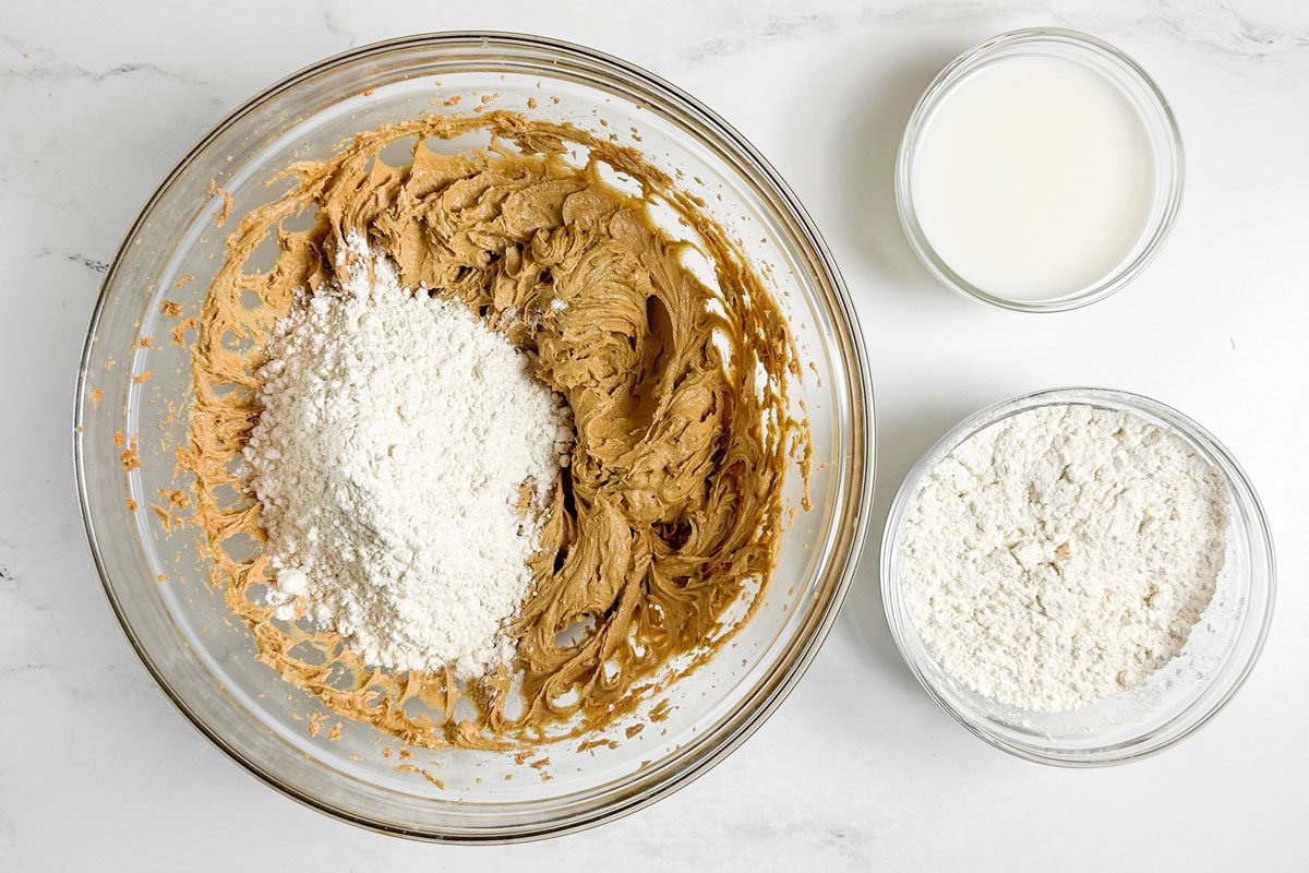 Batter for Taste of Home Peanut Butter Cupcakes in glass bowls